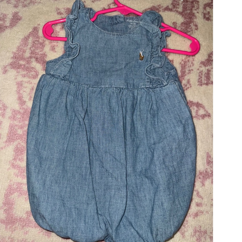 Ralph Lauren Baby Girl Chambray Ruffled Sleeveless Bubble Romper 9M
